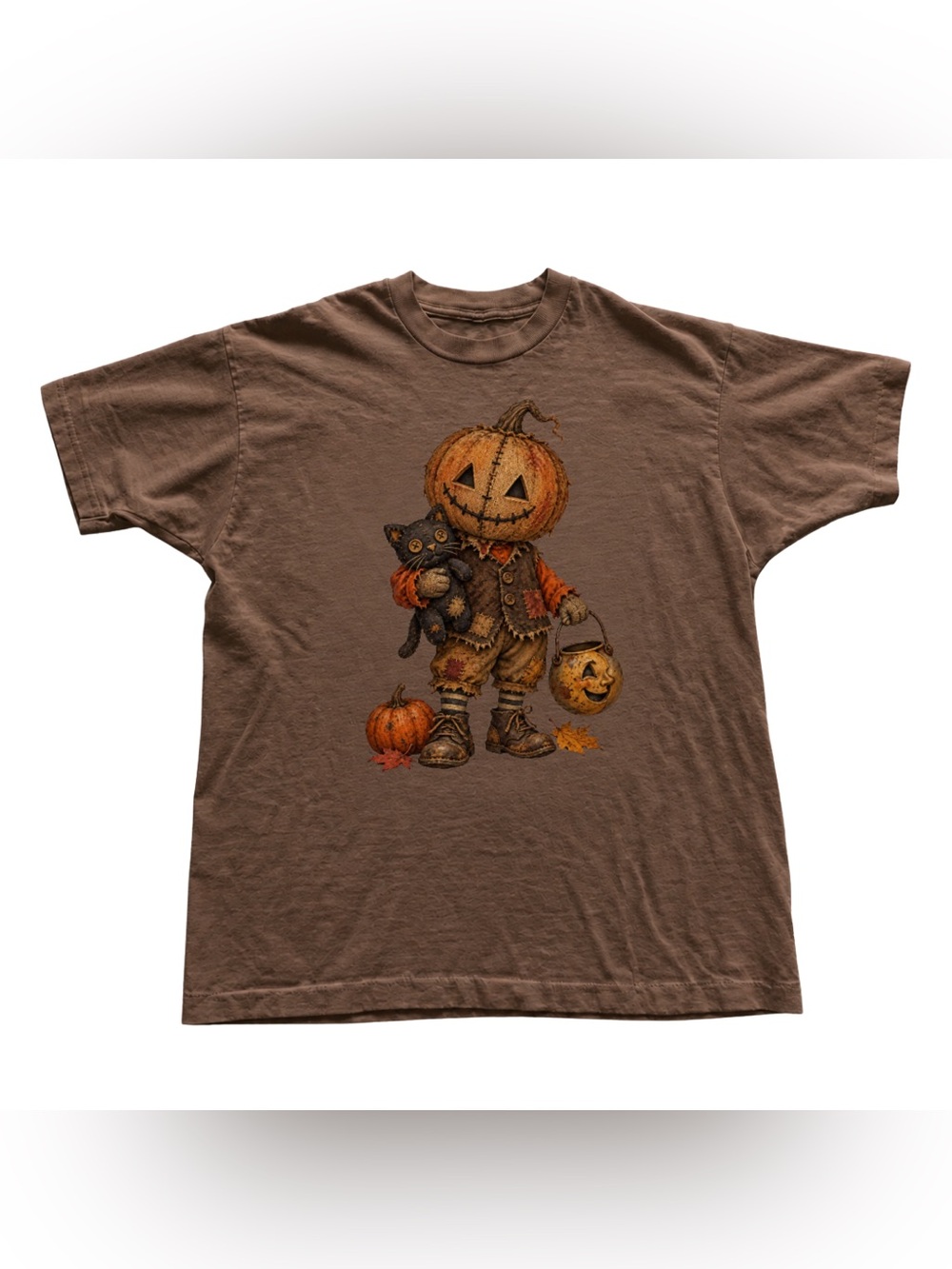 Brown Savana Pumpkin Head Tee with Black Cat Graphic